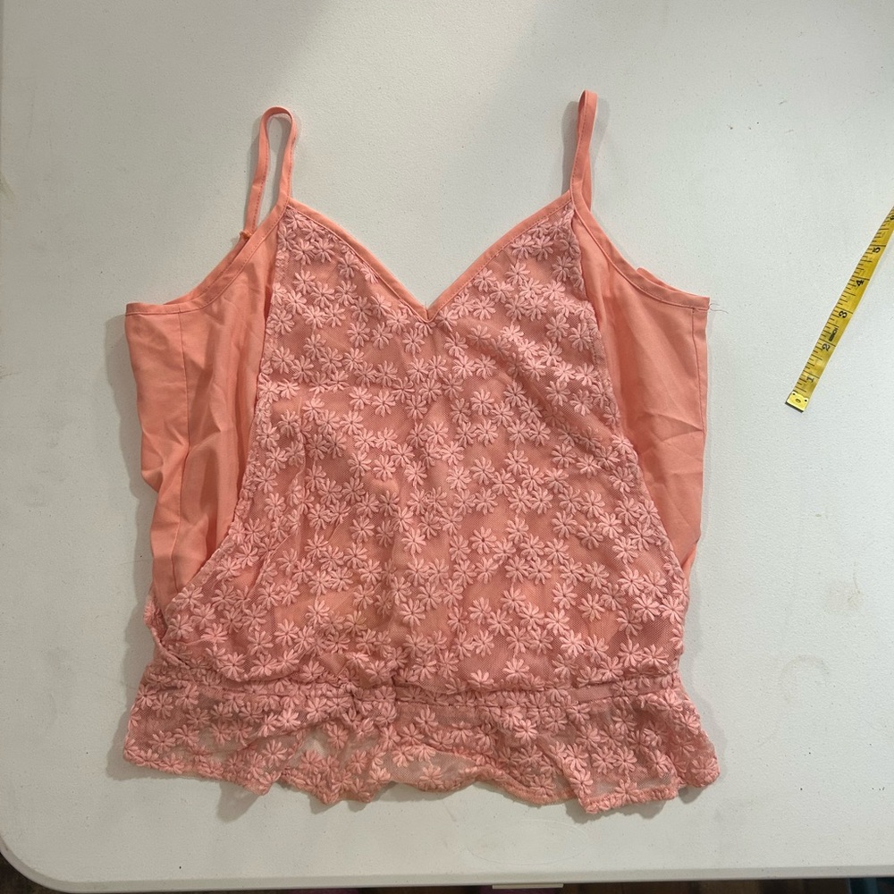 Tobi Coral Lace Floral Camisole with low cut back opening.